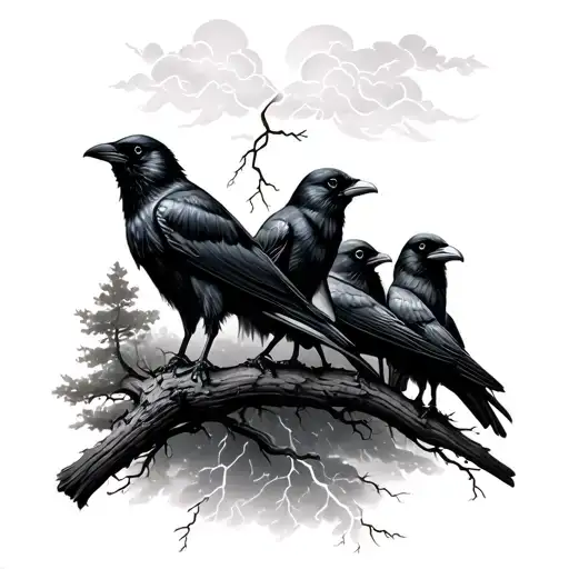 4 crows with trees and cloudy lightning storm  tattoo design idea