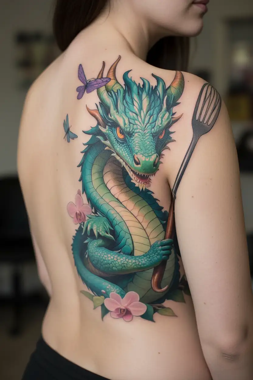 Dragon holding a whisk and spatula, surrounded by orchids and dragonflies tattoo design idea