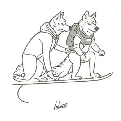 snowboarding couple with two huskies tattoo design idea
