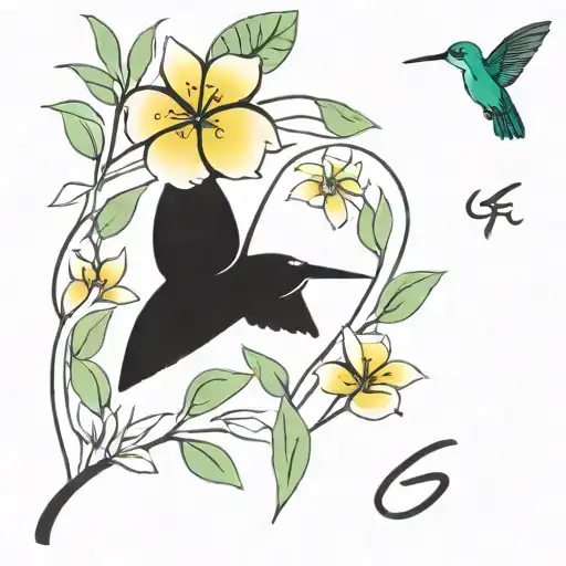 Samander, hummingbird, frangipani flower, traveler's tree, letters G and A, number 56 tattoo design idea