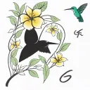 Samander, hummingbird, frangipani flower, traveler's tree, letters G and A, number 56 tattoo design idea