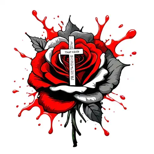 Splashes of red and black around a rose and a cross that says the words trust in god tattoo design idea