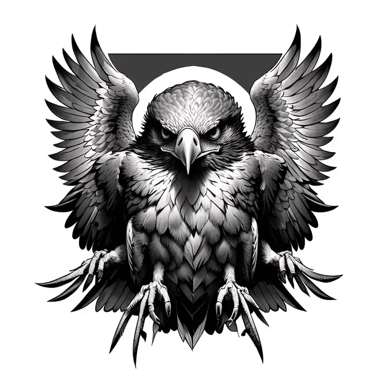 Highly detailed black and gray realistic eagle tattoo design for the hand, focusing on the spread wings and fierce eyes tattoo design idea