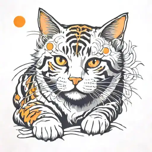 tabby cat, short hair, white hair on belly and chest, orange spot on head,, white paws. tattoo design idea