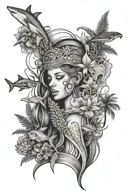 Sea theme, woman's face with shark head, horse with fish tail, corals, palm trees, rays tattoo design idea