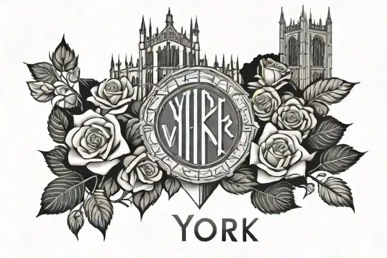 york minster with Viking runes in background and yorkshire rose tattoo design idea