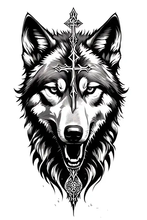 cross and wolf face and time tattoo design idea