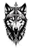 cross and wolf face and time tattoo design idea