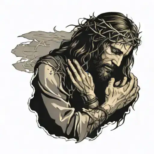 Jesus praying with a crown of thorns behind him tattoo design idea