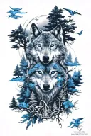 wolf in blue eyes howling forest scene tattoo design idea