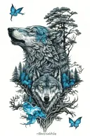wolf in blue eyes howling forest scene tattoo design idea