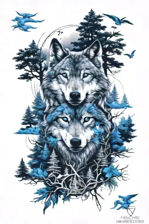 wolf in blue eyes howling forest scene tattoo design idea