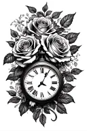 Roses and clock with a date de naissance tattoo design idea