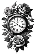 Roses and clock with a date de naissance tattoo design idea