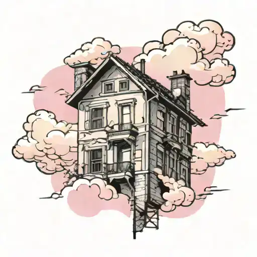 high-rise building against pink sky with clouds in sketch style tattoo design idea