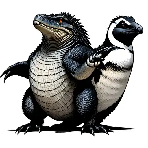 penguin riding komodo dragon  tattoo design idea