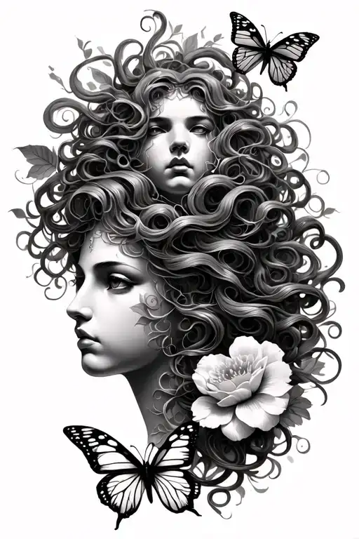 Medusa, Aphrodite. butterflies, flowers, power tattoo design idea