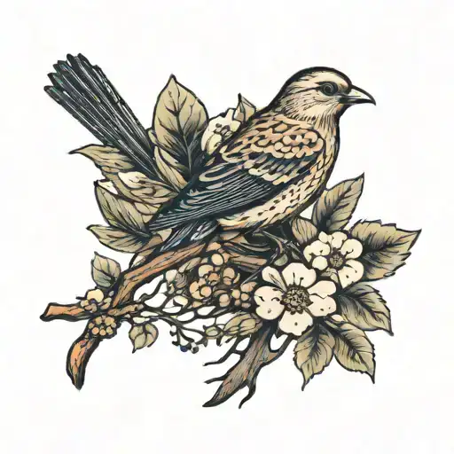 Design a tattoo that symbolizes the journey of your ancestors from Ireland to Leeds and eventually to Australia, with each child represented by a different Australian bird perched on a tree branch. tattoo design idea