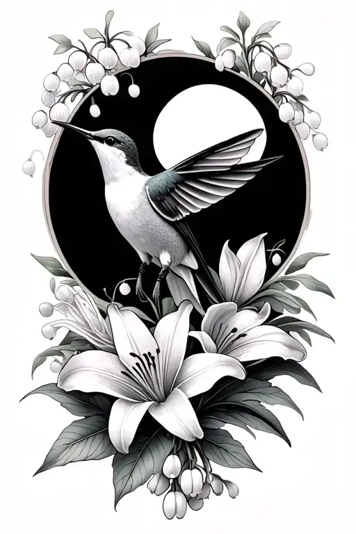 humming bird with Lily of the valley flowers with moon tattoo design idea