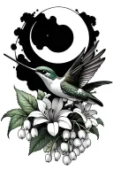 humming bird with Lily of the valley flowers with moon tattoo design idea