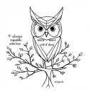 Owl and tree with quote “It always seems impossible until it’s done.” Using geometric shapes and thin lines tattoo design idea