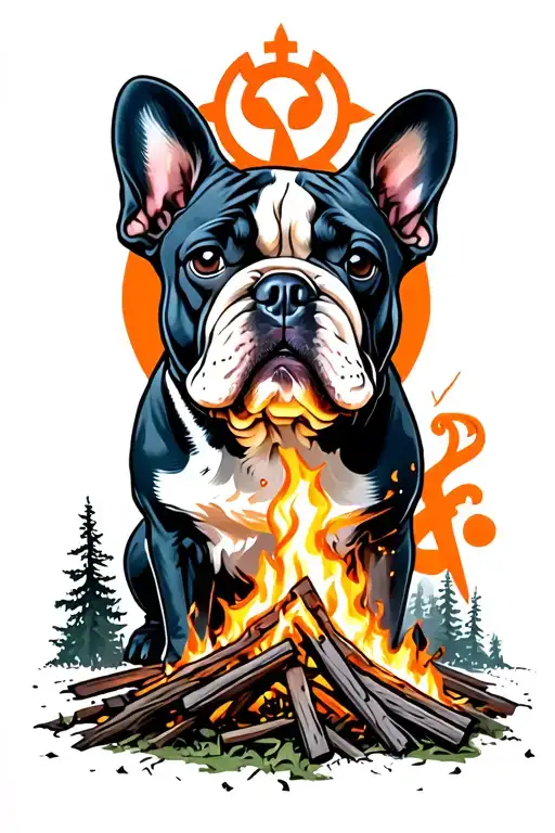 dark souls bonfire with french bulldog sitting in a forrest and humanity symbol flying tattoo design idea