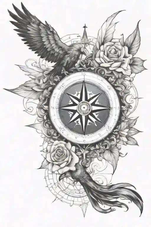 flying pheonix, DaVinci style nautical compass, Geranium tattoo design idea