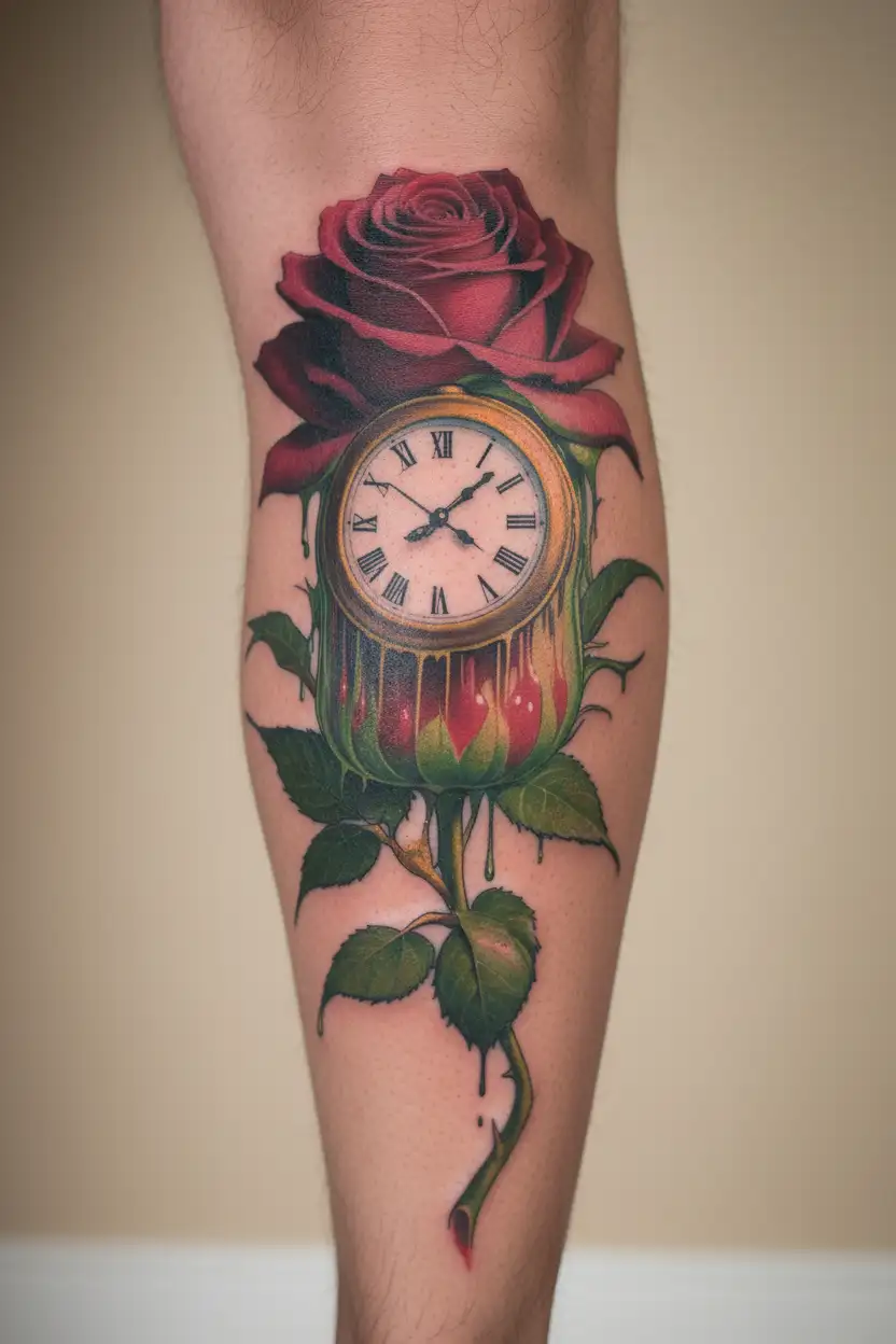 clock melting down on top of giant rose bud tattoo design idea