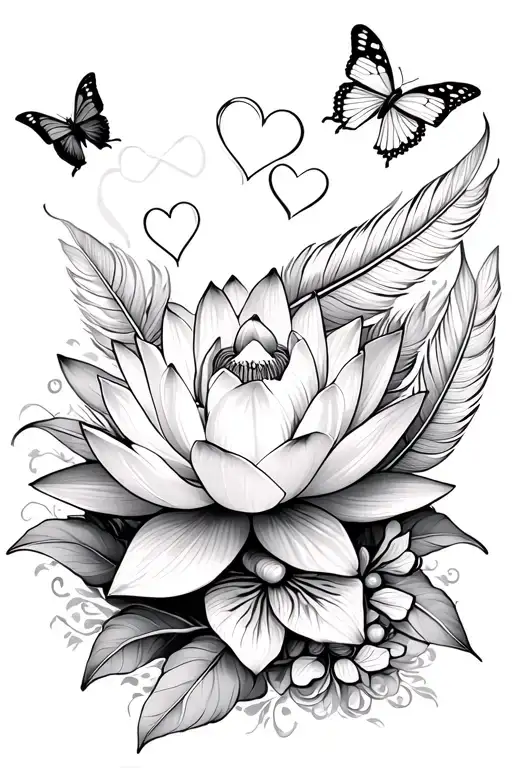 small lotus flower, orchids, two love hearts, two butterflies, feathers, more background flowers fine line tattoo design idea