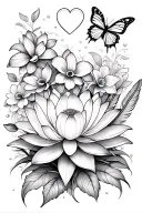 small lotus flower, orchids, two love hearts, two butterflies, feathers, more background flowers fine line tattoo design idea