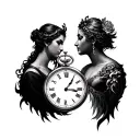 Create tattoo designs with elements related to time, and add some persons in the design too, with the objecti tattoo design idea