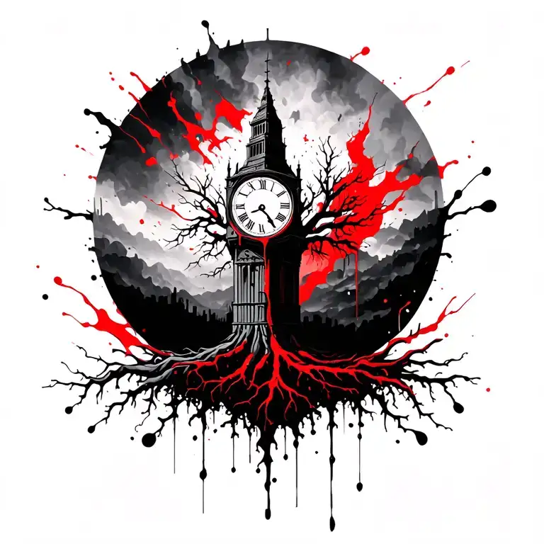 tree of life with roots growing into a falling apart clock tower  for left upper arm and left side of chest  tattoo design idea