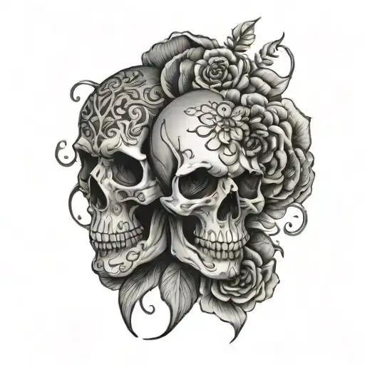 Coverup Floral skulls facing each other tattoo design idea