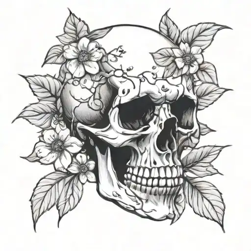 human skull with dogwood tree tattoo design idea