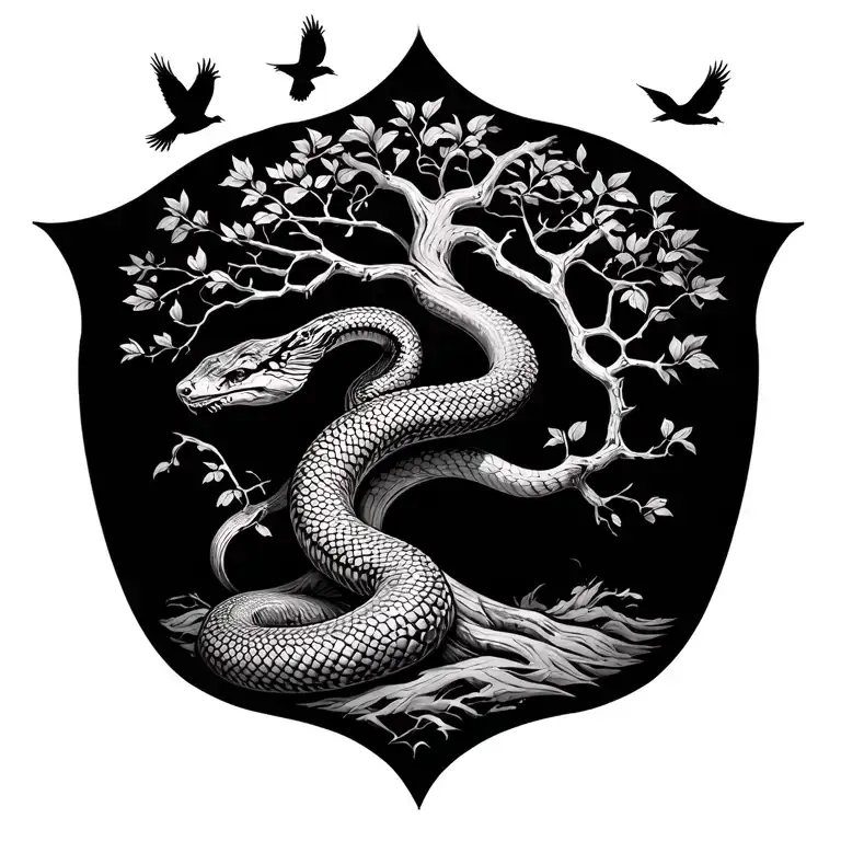 tree , snake and 4 birds flying away  tattoo design idea