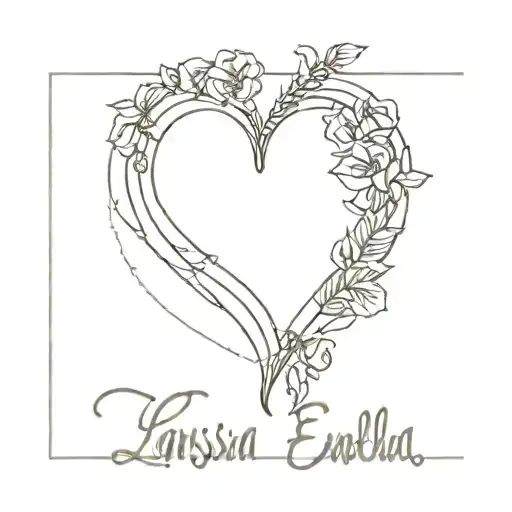 create a drawing with the name Larissa Emanuela in the shape of a heart tattoo design idea