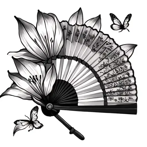 Chinese fan with lilly flower with butter fly away tattoo design idea