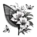 Chinese fan with lilly flower with butter fly away tattoo design idea