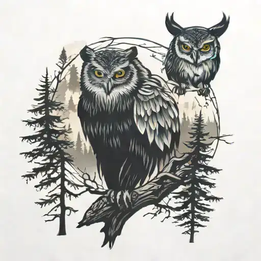forest, fog, owl, bear tattoo design idea