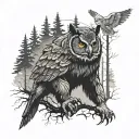 forest, fog, owl, bear tattoo design idea
