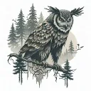 forest, fog, owl, bear tattoo design idea