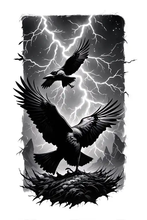 lightning storm with ravens circling tattoo design idea