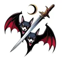 Vampire canines with a dagger and bat wings with a crescent moon tattoo design idea
