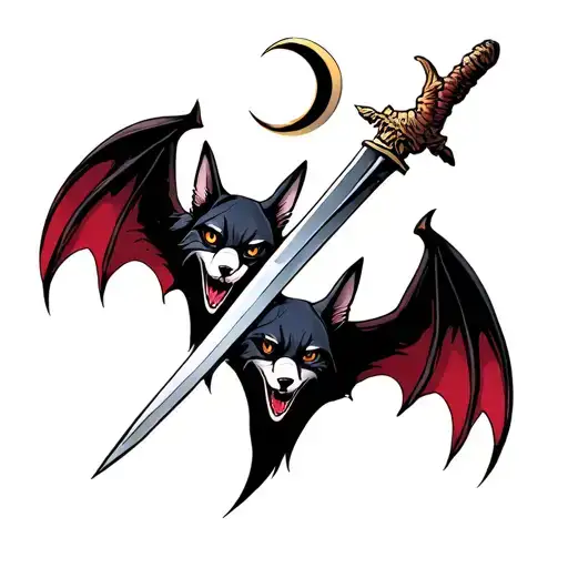 Vampire canines with a dagger and bat wings with a crescent moon tattoo design idea