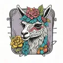colorful llama with flower crown knitting a blanket tattoo design idea