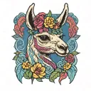 colorful llama with flower crown knitting a blanket tattoo design idea