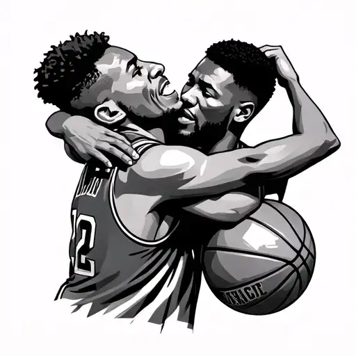 minimalistic tattoo of basketball coach hugging player in final game where father is the coach and son is the player tattoo design idea