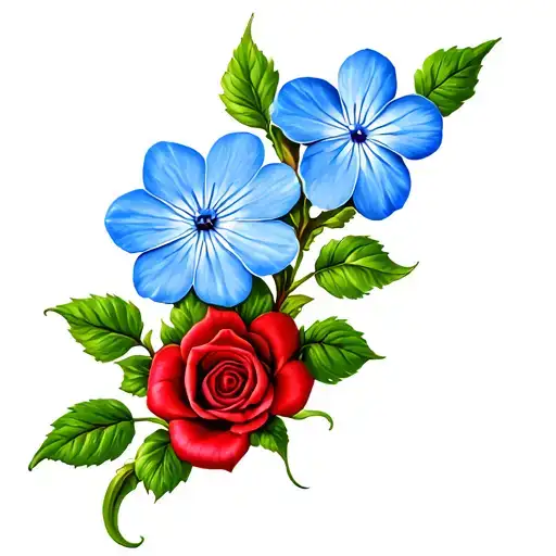 S-shaped scrolling green vine with 3 large blue forget-me-nots, intertwined with a red rose tattoo design idea