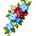 S-shaped scrolling green vine with 3 large blue forget-me-nots, intertwined with a red rose tattoo design idea