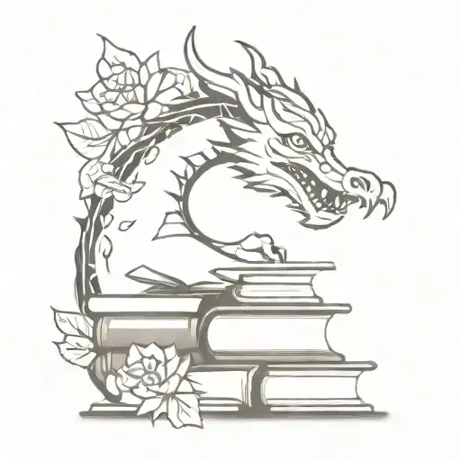 DRAGON WRAPPED AROUND BOOKS WITH FLOWERS IN THE BACKGROUND WITHUT HEAD DEFORMATIONS tattoo design idea
